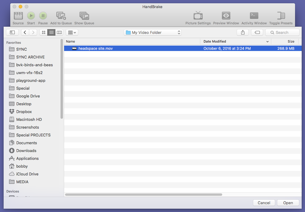 HandBrake displays a file open dialog on startup